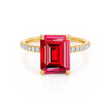 LIVELY - Chatham® Emerald Ruby & Diamond 18k Yellow Gold Petite Hidden Halo Pavé Shoulder Set Ring