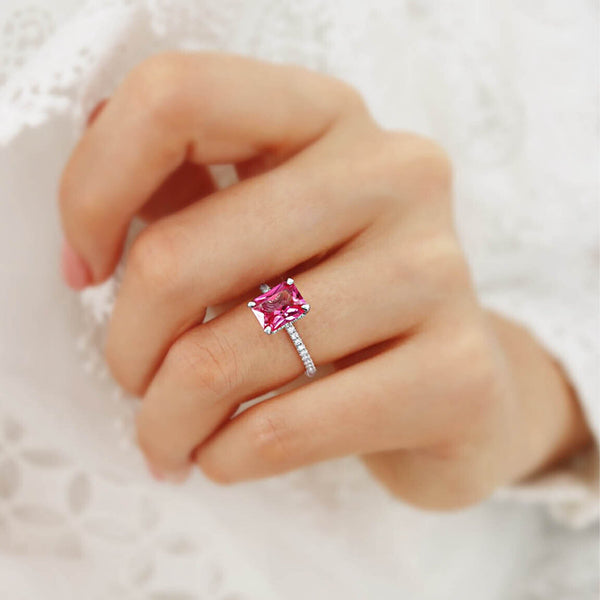 LIVELY - Radiant Pink Sapphire & Diamond 18k White Gold Petite Hidden Halo Pavé Shoulder Set Ring Engagement Ring Lily Arkwright