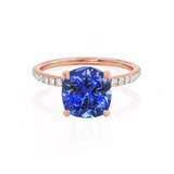 LIVELY - Chatham® Cushion Blue Sapphire 18k Rose Gold Petite Hidden Halo Pavé Shoulder Set Ring