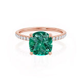 LIVELY - Chatham® Cushion Emerald 18k Rose Gold Petite Hidden Halo Pavé Shoulder Set Ring