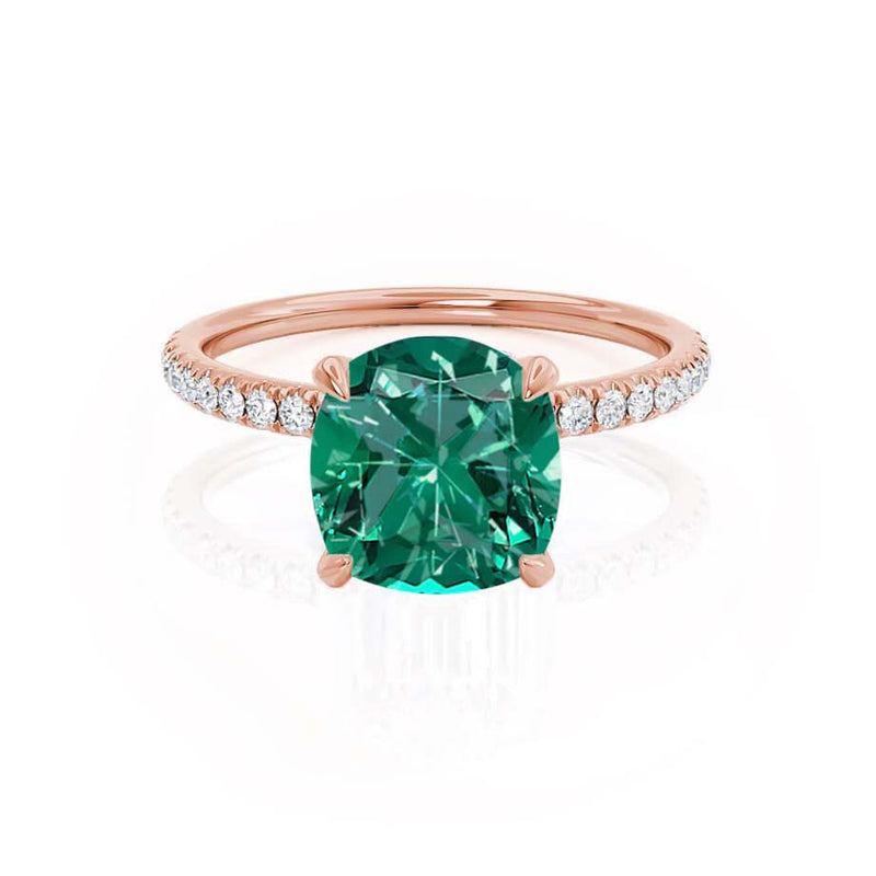 LIVELY - Chatham® Cushion Emerald 18k Rose Gold Petite Hidden Halo Pavé Shoulder Set Ring