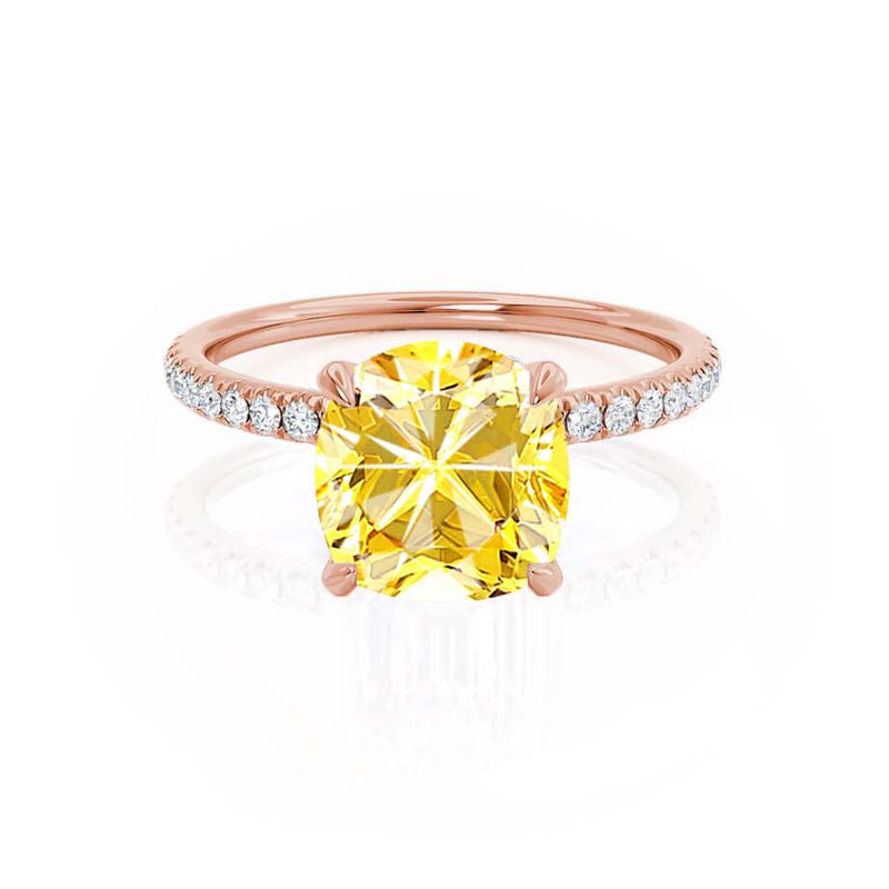 LIVELY - Chatham® Cushion Yellow Sapphire 18k Rose Gold Petite Hidden Halo Pavé Shoulder Set Ring