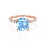 LIVELY - Chatham® Cushion Aqua Spinel 18k Rose Gold Petite Hidden Halo Pavé Shoulder Set Ring