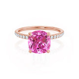 LIVELY - Chatham® Cushion Pink Sapphire 18k Rose Gold Petite Hidden Halo Pavé Shoulder Set Ring