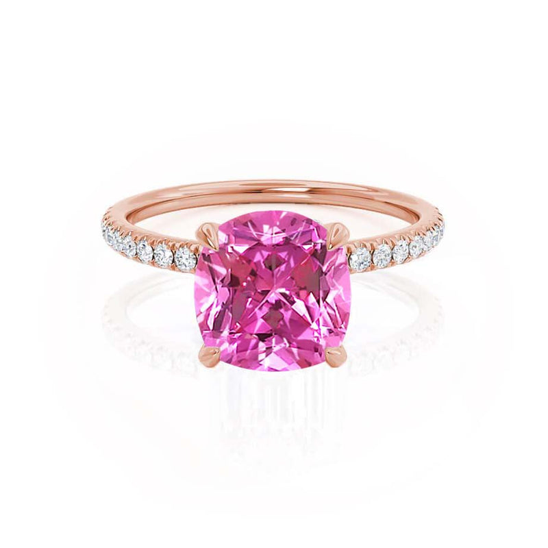 LIVELY - Chatham® Cushion Pink Sapphire 18k Rose Gold Petite Hidden Halo Pavé Shoulder Set Ring