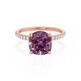LIVELY - Chatham® Cushion Alexandrite 18k Rose Gold Petite Hidden Halo Pavé Shoulder Set Ring