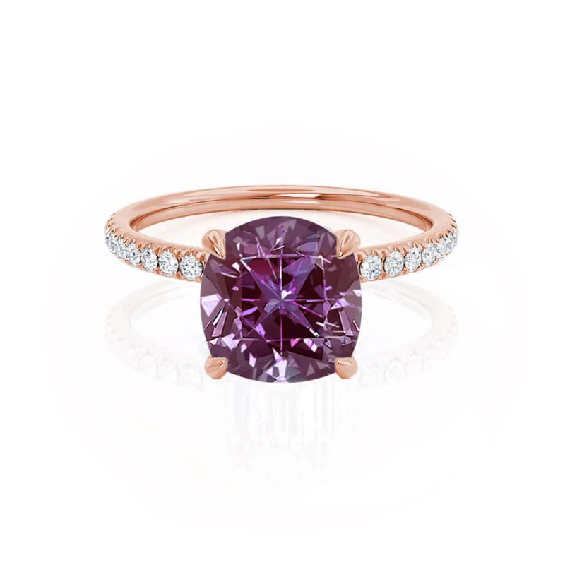 LIVELY - Chatham® Cushion Alexandrite 18k Rose Gold Petite Hidden Halo Pavé Shoulder Set Ring
