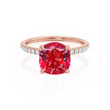 LIVELY - Chatham® Cushion Ruby 18k Rose Gold Petite Hidden Halo Pavé Shoulder Set Ring