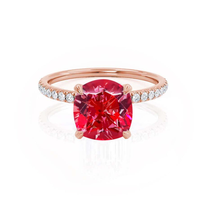 LIVELY - Chatham® Cushion Ruby 18k Rose Gold Petite Hidden Halo Pavé Shoulder Set Ring