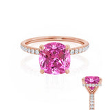 LIVELY - Chatham® Cushion Pink Sapphire 18k Rose Gold Petite Hidden Halo Pavé Shoulder Set Ring