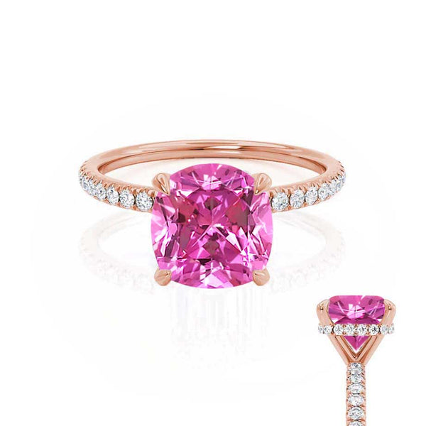LIVELY - Chatham® Cushion Pink Sapphire 18k Rose Gold Petite Hidden Halo Pavé Shoulder Set Ring