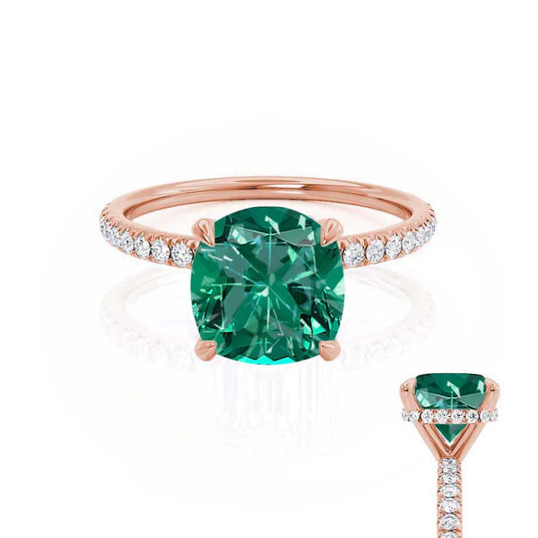 LIVELY - Chatham® Cushion Emerald 18k Rose Gold Petite Hidden Halo Pavé Shoulder Set Ring