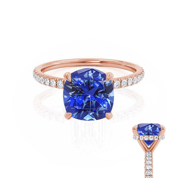 LIVELY - Chatham® Cushion Blue Sapphire 18k Rose Gold Petite Hidden Halo Pavé Shoulder Set Ring
