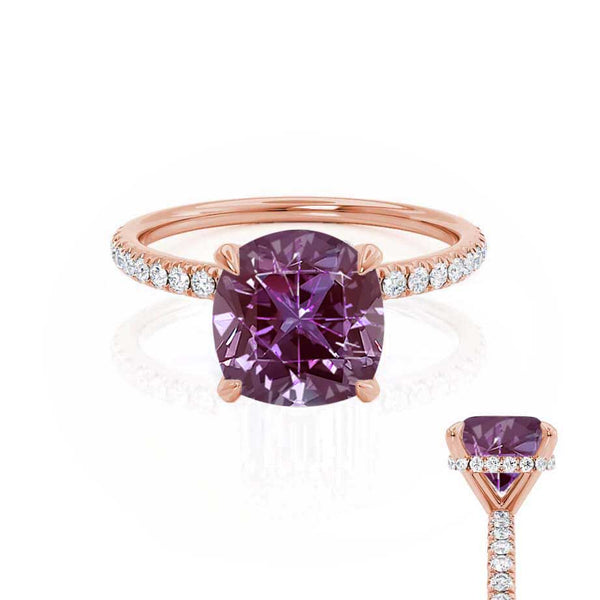 LIVELY - Chatham® Cushion Alexandrite 18k Rose Gold Petite Hidden Halo Pavé Shoulder Set Ring