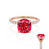 LIVELY - Chatham® Cushion Ruby 18k Rose Gold Petite Hidden Halo Pavé Shoulder Set Ring