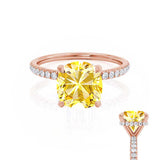 LIVELY - Chatham® Cushion Yellow Sapphire 18k Rose Gold Petite Hidden Halo Pavé Shoulder Set Ring