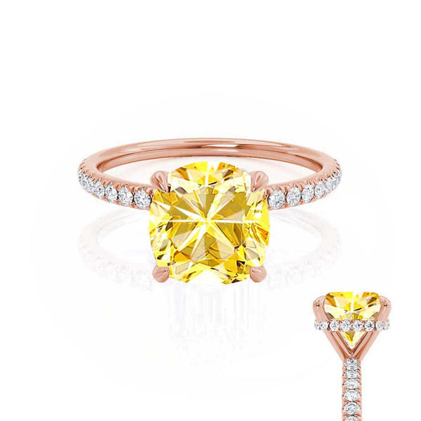 LIVELY - Chatham® Cushion Yellow Sapphire 18k Rose Gold Petite Hidden Halo Pavé Shoulder Set Ring