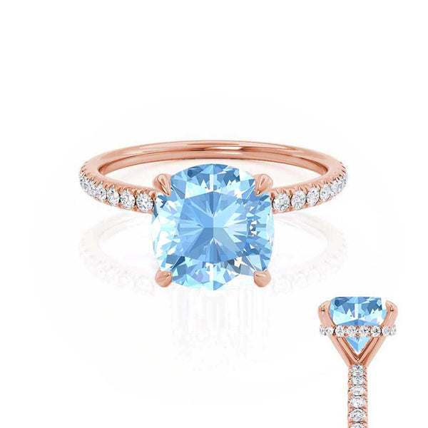 LIVELY - Chatham® Cushion Aqua Spinel 18k Rose Gold Petite Hidden Halo Pavé Shoulder Set Ring