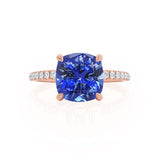 LIVELY - Chatham® Cushion Blue Sapphire 18k Rose Gold Petite Hidden Halo Pavé Shoulder Set Ring