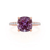LIVELY - Chatham® Cushion Alexandrite 18k Rose Gold Petite Hidden Halo Pavé Shoulder Set Ring