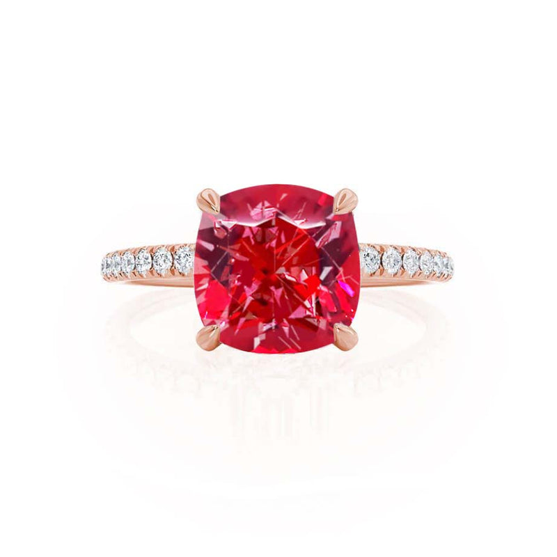 LIVELY - Chatham® Cushion Ruby 18k Rose Gold Petite Hidden Halo Pavé Shoulder Set Ring