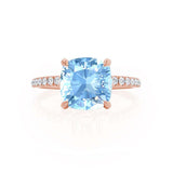 LIVELY - Chatham® Cushion Aqua Spinel 18k Rose Gold Petite Hidden Halo Pavé Shoulder Set Ring