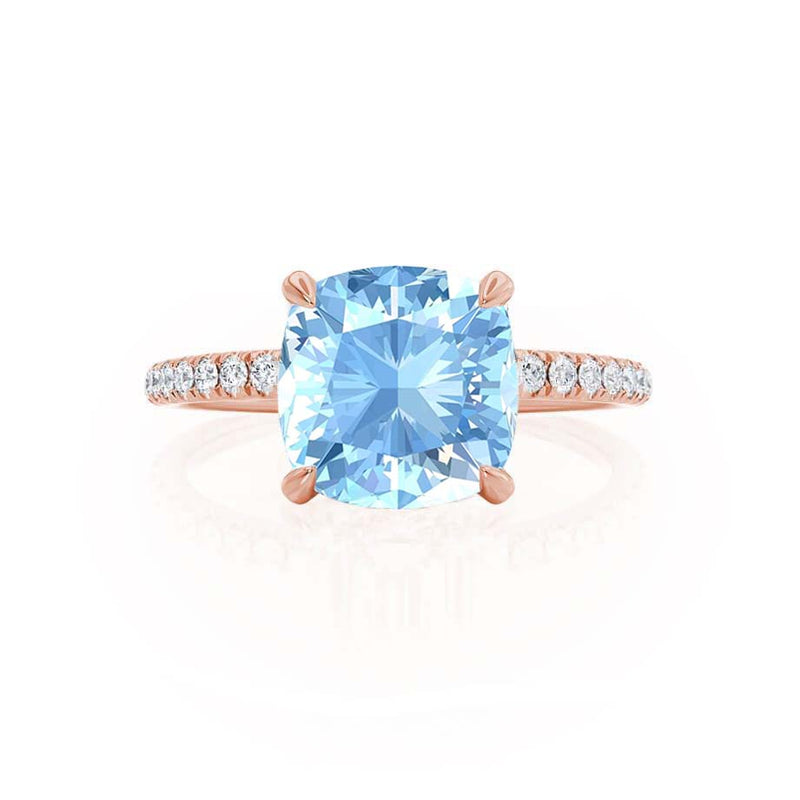 LIVELY - Chatham® Cushion Aqua Spinel 18k Rose Gold Petite Hidden Halo Pavé Shoulder Set Ring
