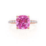 LIVELY - Chatham® Cushion Pink Sapphire 18k Rose Gold Petite Hidden Halo Pavé Shoulder Set Ring