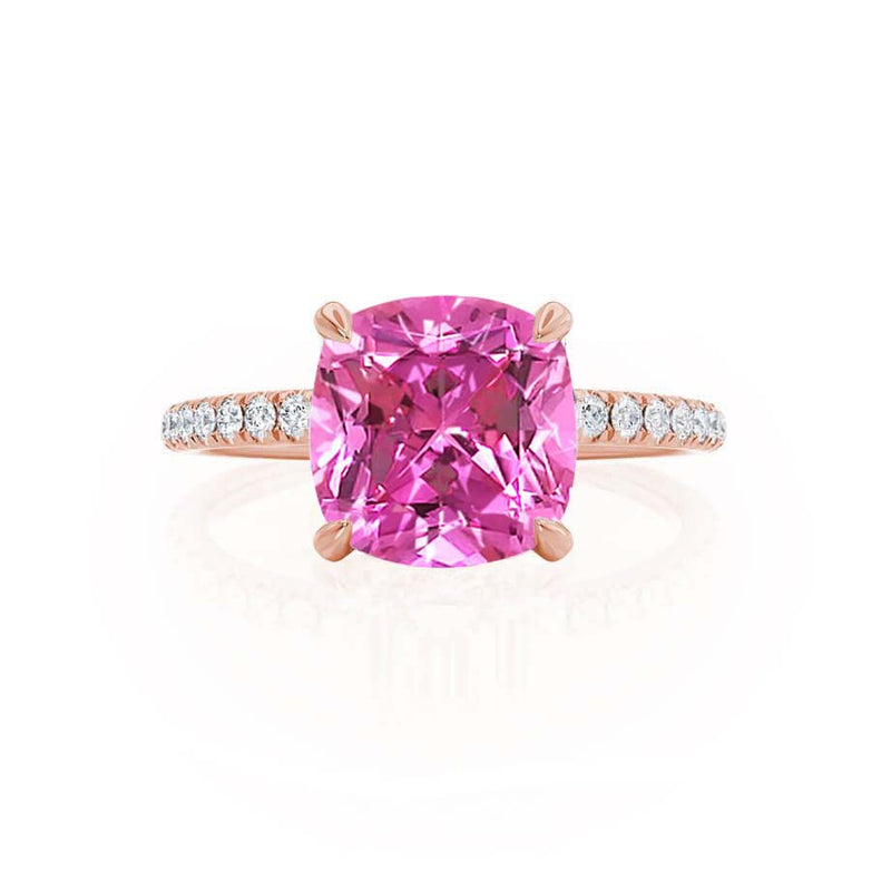 LIVELY - Chatham® Cushion Pink Sapphire 18k Rose Gold Petite Hidden Halo Pavé Shoulder Set Ring