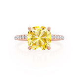 LIVELY - Chatham® Cushion Yellow Sapphire 18k Rose Gold Petite Hidden Halo Pavé Shoulder Set Ring