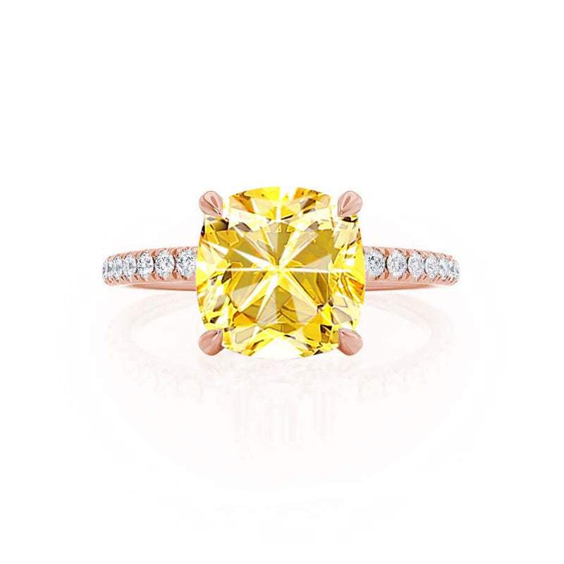 LIVELY - Chatham® Cushion Yellow Sapphire 18k Rose Gold Petite Hidden Halo Pavé Shoulder Set Ring