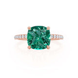 LIVELY - Chatham® Cushion Emerald 18k Rose Gold Petite Hidden Halo Pavé Shoulder Set Ring