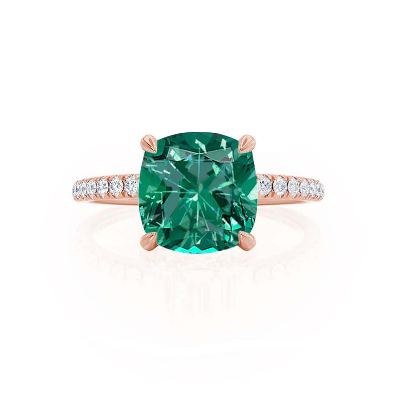 LIVELY - Chatham® Cushion Emerald 18k Rose Gold Petite Hidden Halo Pavé Shoulder Set Ring