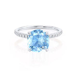 LIVELY - Chatham® Cushion Aqua Spinel 950 Platinum Petite Hidden Halo Pavé Shoulder Set Ring