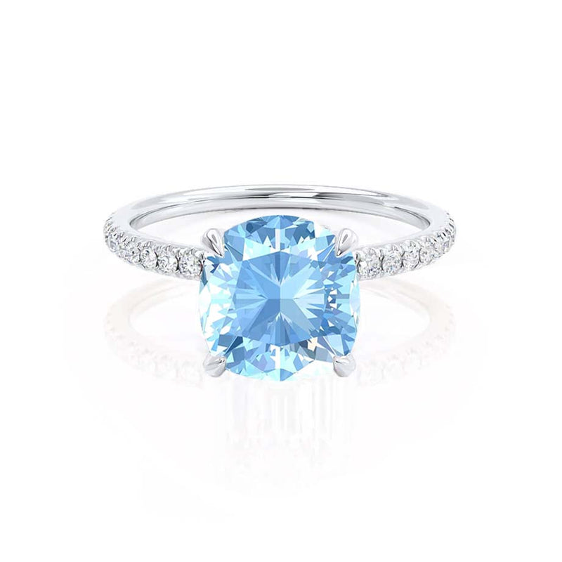 LIVELY - Chatham® Cushion Aqua Spinel 950 Platinum Petite Hidden Halo Pavé Shoulder Set Ring