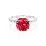 LIVELY - Chatham® Cushion Ruby 18k White Gold Petite Hidden Halo Pavé Shoulder Set Ring