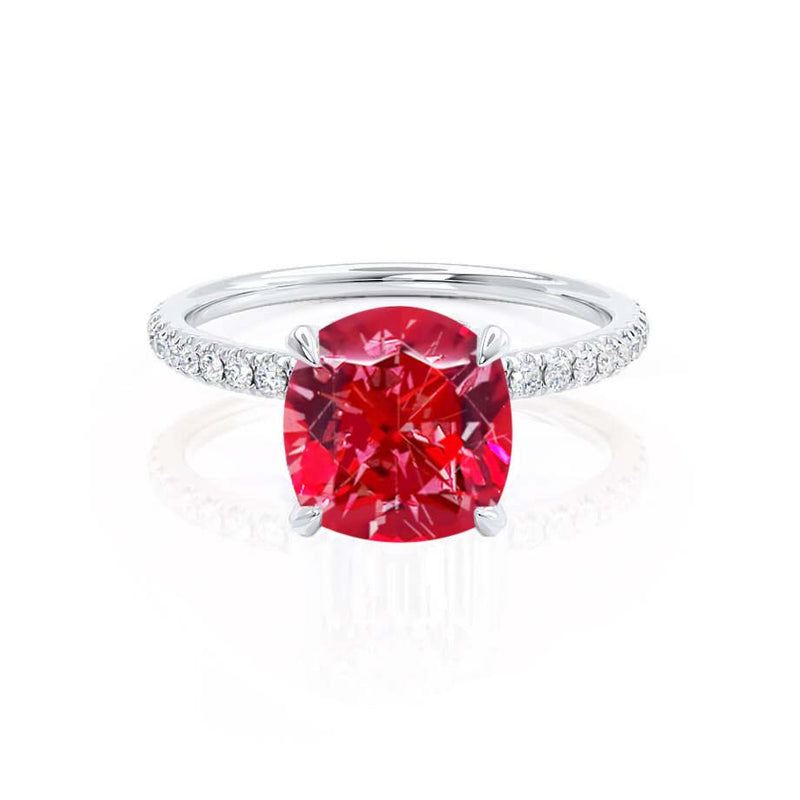 LIVELY - Chatham® Cushion Ruby 18k White Gold Petite Hidden Halo Pavé Shoulder Set Ring
