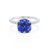 LIVELY - Chatham® Cushion Blue Sapphire 950 Platinum Petite Hidden Halo Pavé Shoulder Set Ring