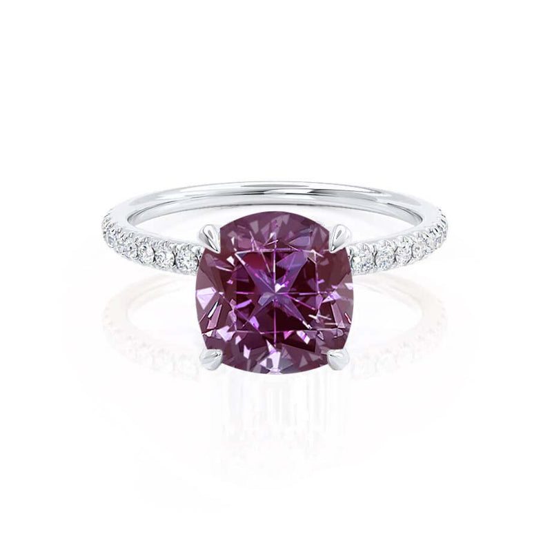 LIVELY - Chatham® Cushion Alexandrite 950 Platinum Petite Hidden Halo Pavé Shoulder Set Ring