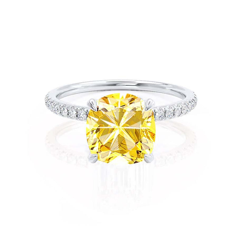 LIVELY - Chatham® Cushion Yellow Sapphire 18k White Gold Petite Hidden Halo Pavé Shoulder Set Ring
