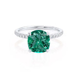 LIVELY - Chatham® Cushion Emerald 18k White Gold Petite Hidden Halo Pavé Shoulder Set Ring