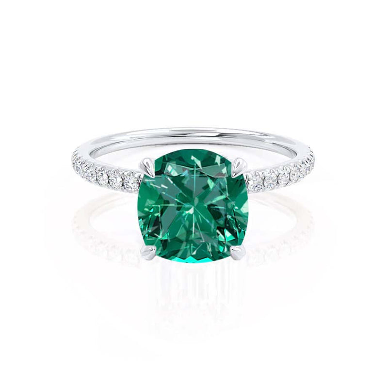 LIVELY - Chatham® Cushion Emerald 18k White Gold Petite Hidden Halo Pavé Shoulder Set Ring