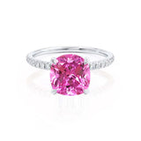 LIVELY - Chatham® Cushion Pink Sapphire 950 Platinum Petite Hidden Halo Pavé Shoulder Set Ring