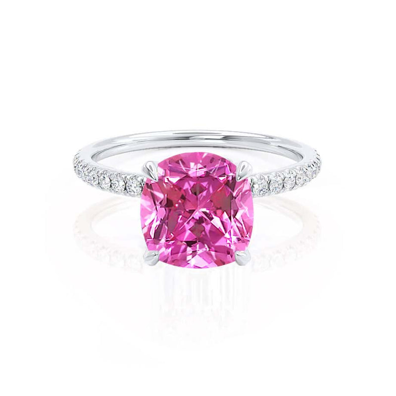 LIVELY - Chatham® Cushion Pink Sapphire 950 Platinum Petite Hidden Halo Pavé Shoulder Set Ring