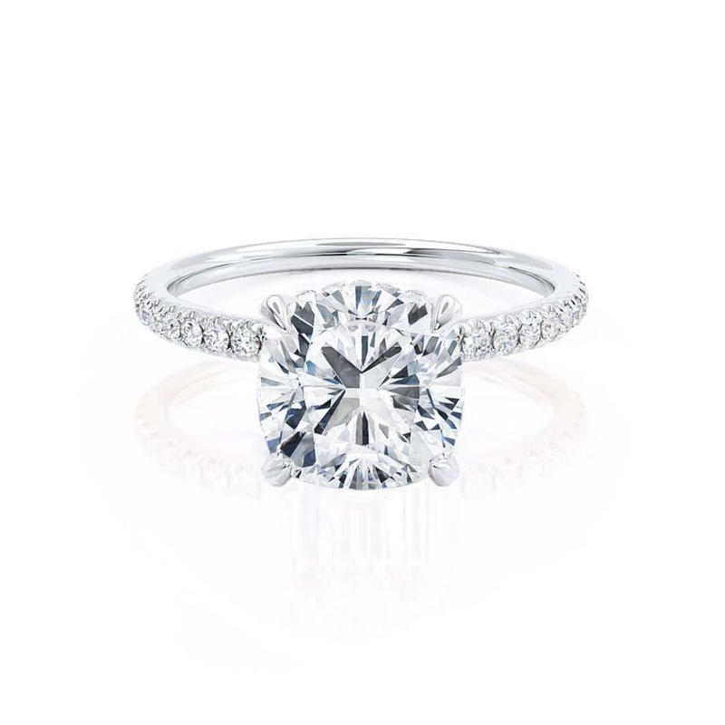 LIVELY - Cushion Natural Diamond 18k White Gold Petite Hidden Halo Pavé Shoulder Set Engagement Ring Lily Arkwright