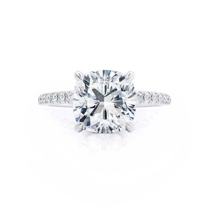 LIVELY - Cushion Natural Diamond 18k White Gold Petite Hidden Halo Pavé Shoulder Set Engagement Ring Lily Arkwright