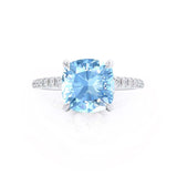 LIVELY - Chatham® Cushion Aqua Spinel 950 Platinum Petite Hidden Halo Pavé Shoulder Set Ring