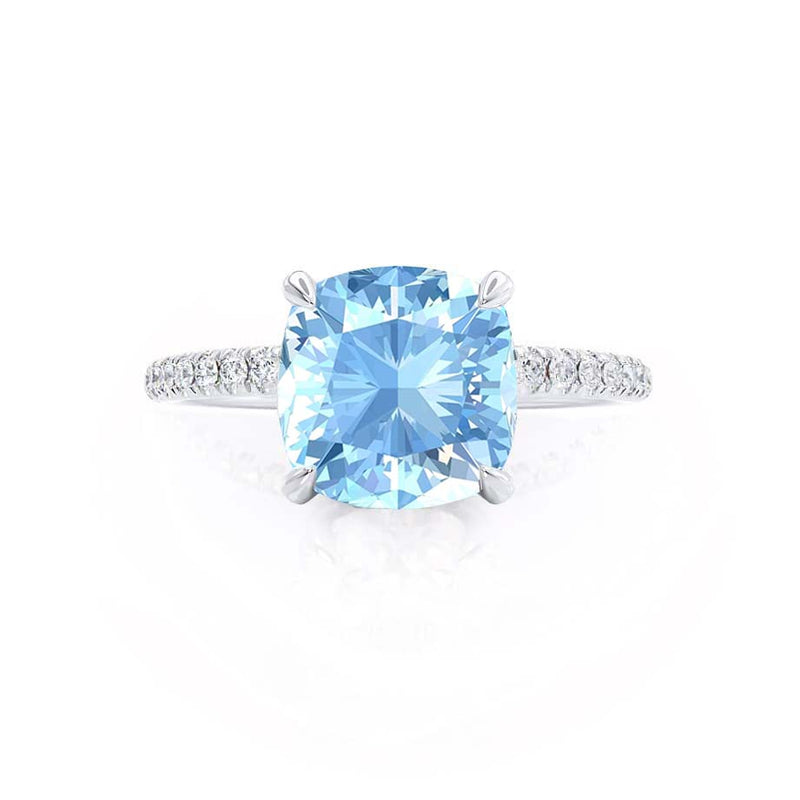 LIVELY - Chatham® Cushion Aqua Spinel 950 Platinum Petite Hidden Halo Pavé Shoulder Set Ring