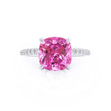LIVELY - Chatham® Cushion Pink Sapphire 950 Platinum Petite Hidden Halo Pavé Shoulder Set Ring