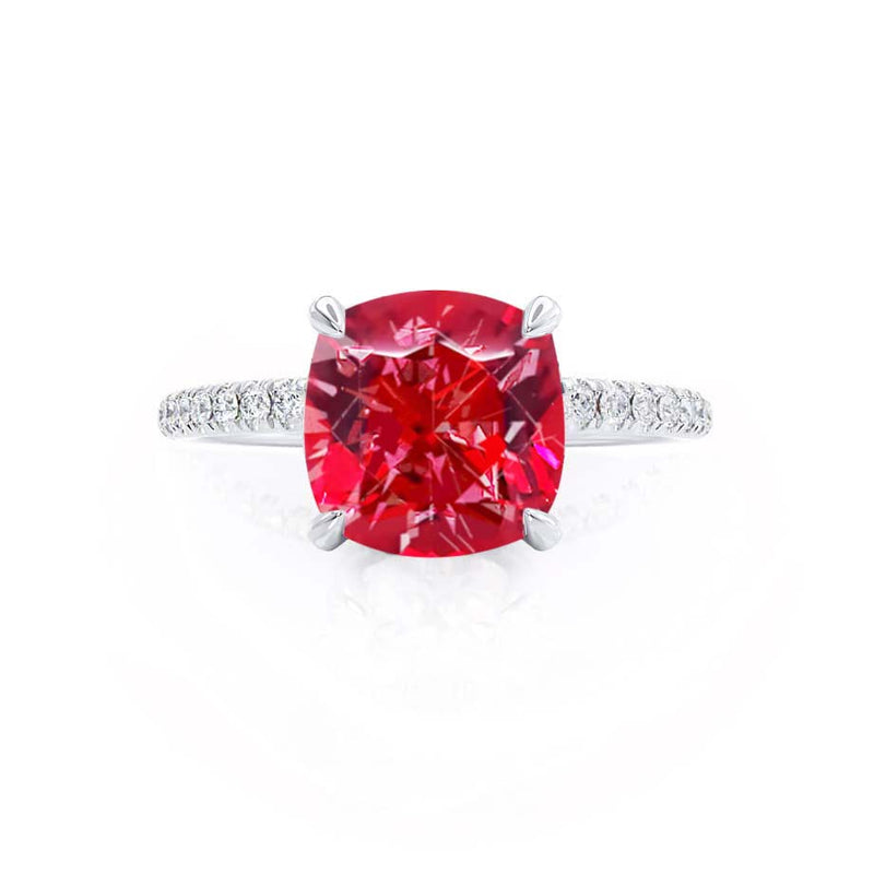 LIVELY - Chatham® Cushion Ruby 18k White Gold Petite Hidden Halo Pavé Shoulder Set Ring